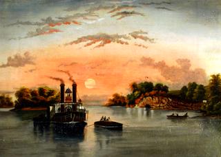 Steamboat and Barge at Sunset