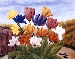 Mixed Bouquet of Tulips against a Landscape