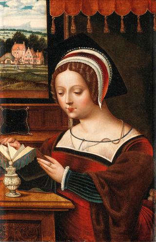 Mary Magdalene reading, seated before an open window