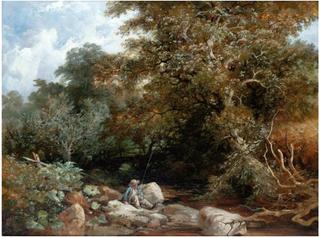 An angler beside a wooded stream