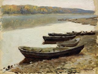 Landscape on the Volga. Boats by the Riverbank