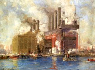 New York City Power Plant and Tugboats