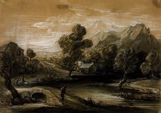 Wooded Mountain Landscape with Figures, Church, and River