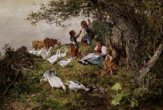 Rural idyll with playing children, farmer and flock of geese on a spring day