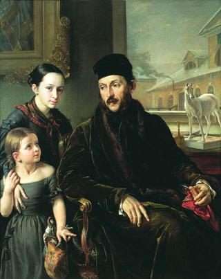 德米特里·伏耶科夫与女儿瓦瓦拉和英国家庭教师的画像