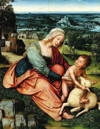 Madonna and Child with a lamb against a landscape