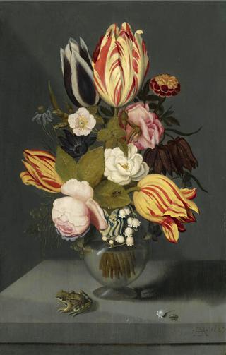 Still Life with Variegated Tulips, Pink and White Roses, etc. in a Globose Vase