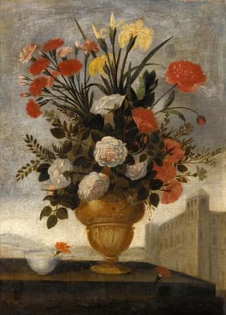 Still Life of Iris, Lilies, Roses and Carnations in Elaborate Urn