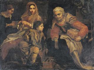 Interior scene with figures gathered around a brazier