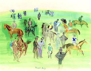 Horses and Jockeys in a Paddock