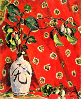 Still LIfe with a Fruit Tree Branch in Gray Bottle on Red Background