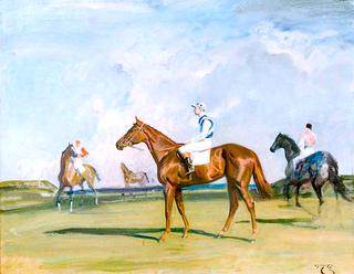 'Happy Laughter', a Chestnut Racehorse, with Jockey up in a Landscape