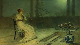 A classical maiden seated on a terrace by moonlight