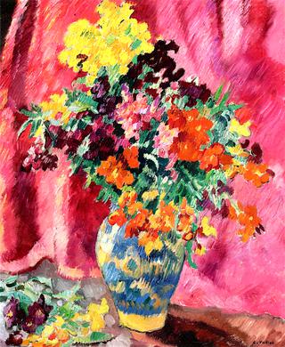 Vase of Flowers with a Pink Curtain