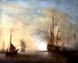 A British Warship Firing Salvoes in a Calm, with Other Boats