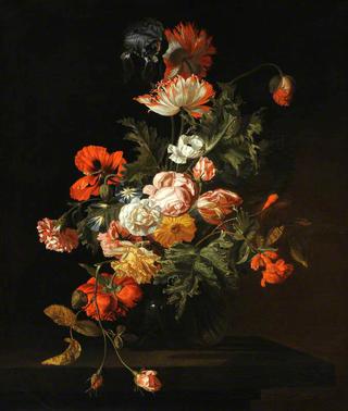 Still Life of Roses and Other Flowers in a Glass Bowl on a Stone Ledge