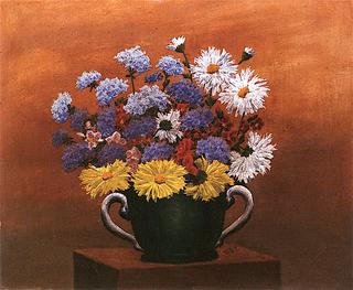 Vase of Blue, White and Yellow Flowers