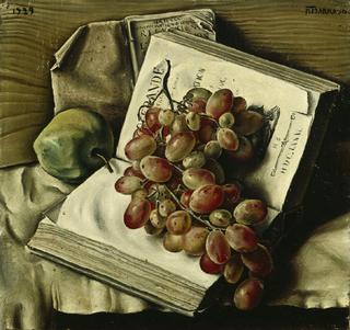 Still life with grapes, apple and two books