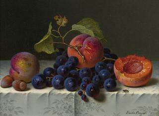 Still life with peaches, grapes and nuts on a table