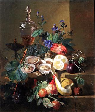 An Opulent Still Life of Oysters, a Lemon, Pomegranate and a Crystal Wine Cup