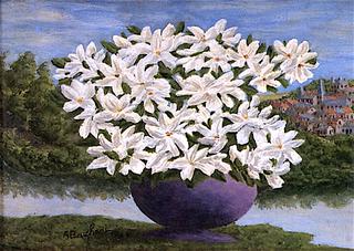 Vase of White Flowers against a Landscape
