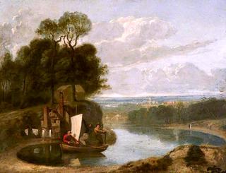 Three Boys in a Sailing Boat on a Lake with Durham (?) in the Distance