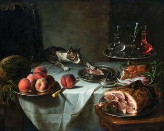 Still Life of the Remnants of a Meal with a Lunging Cat