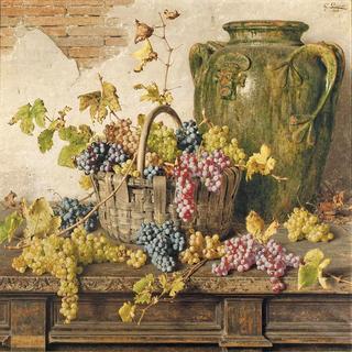 A basket of grapes by an amphor on a wooden table