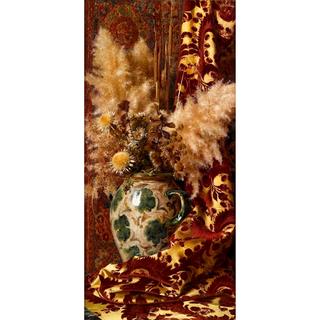 Still life with sunflowers in a faience vase and damask drapery