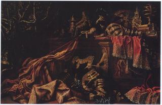 Richly decorated interior with tapestries, arms and banners of the city of Rome