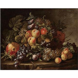 Still Life with Grapes, Apples, Plums, Peaches and Pomegranates on a Stone Ledge