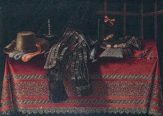 Still life with clothing, weapons and a mirror on a red, embroidered tablecloth