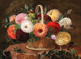 Still life with dahlias in a basket
