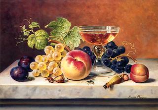 Still Life of Fruit with Bee on a Tabletop