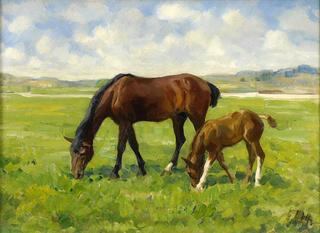 Grazing mare with foals