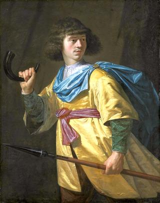 Portrait of a young man with a spear and horn