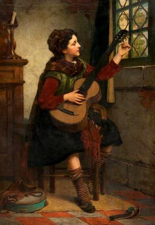 Girl tuning her guitar near the window