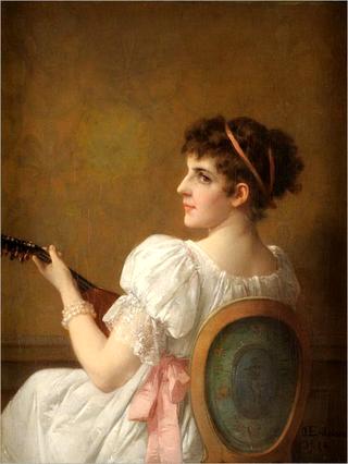 Seated lady in white dress playing mandolin