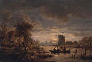 A moonlit river landscape with a boat and a windmill beyond
