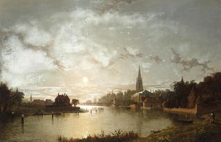 View of Marlow from the Thames by moonlight