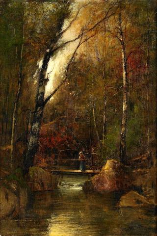 Forest Landscape with Girl on the Bridge