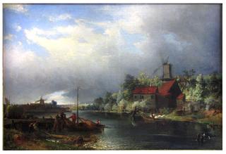 River landscape with windmills, people and boats