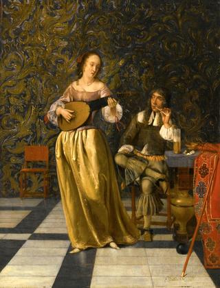 A Lady Playing a Lute with a Gentleman Seated at a Table in an Interior