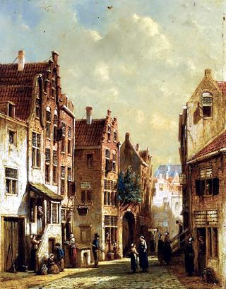 A Town Scene with Figures Conversing