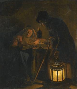 An interior with an old woman reading by candlelight and a man holding a lantern