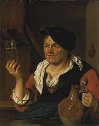 Peasant Woman In An Interior Holding a Glass of Beer and Jug