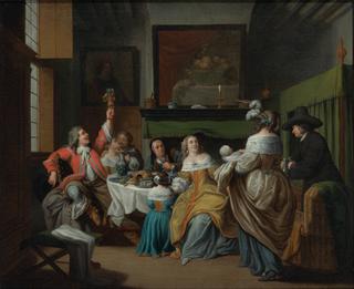 A domestic scene in an interior with figures eating and drinking around a table