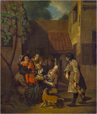 Drinking men in the courtyard of an inn