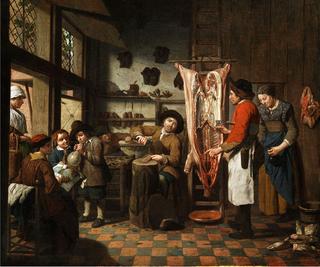 Workshop with a shoemaker, a butcher and a lacemaker