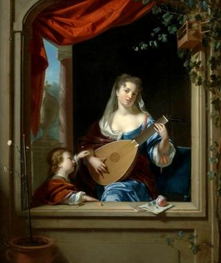 An elegant lady playing the lute at a window